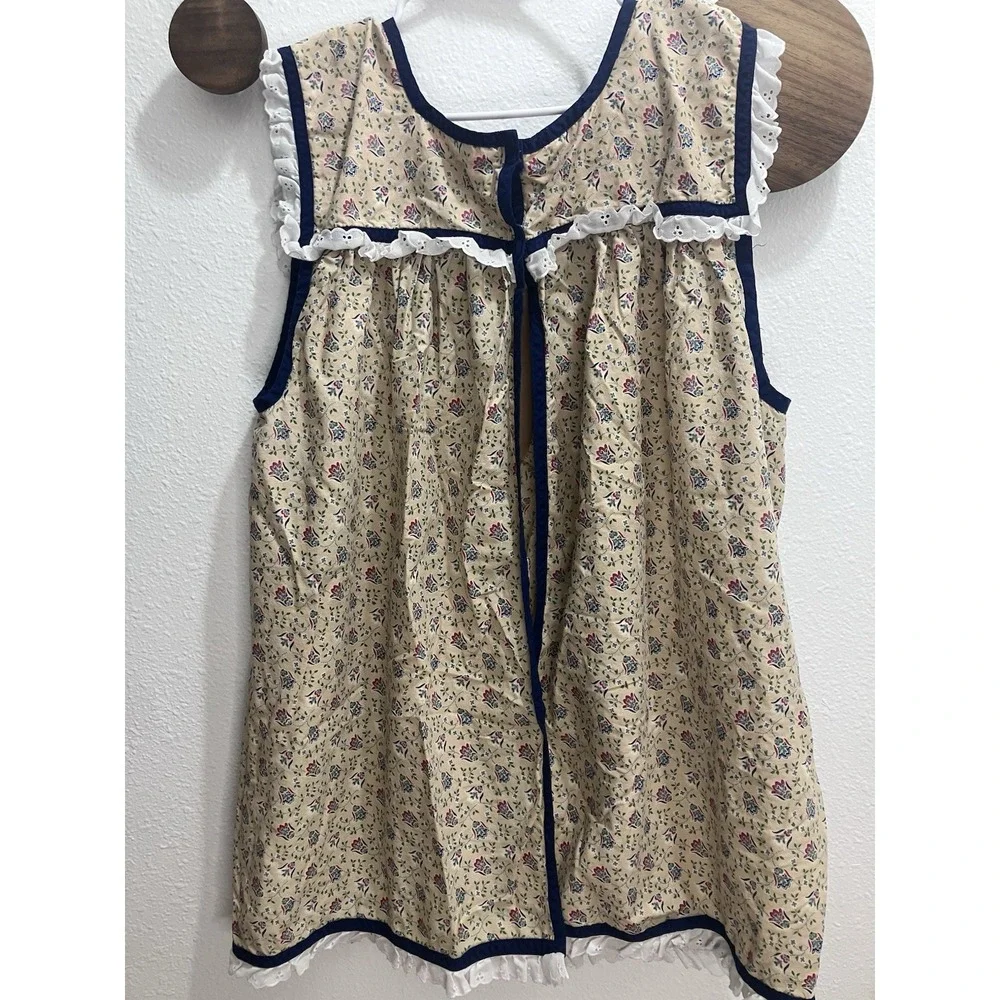 Beige Multicolor Floral Cotton Pinafore Apron Vintage Pocket Adults OS Patched